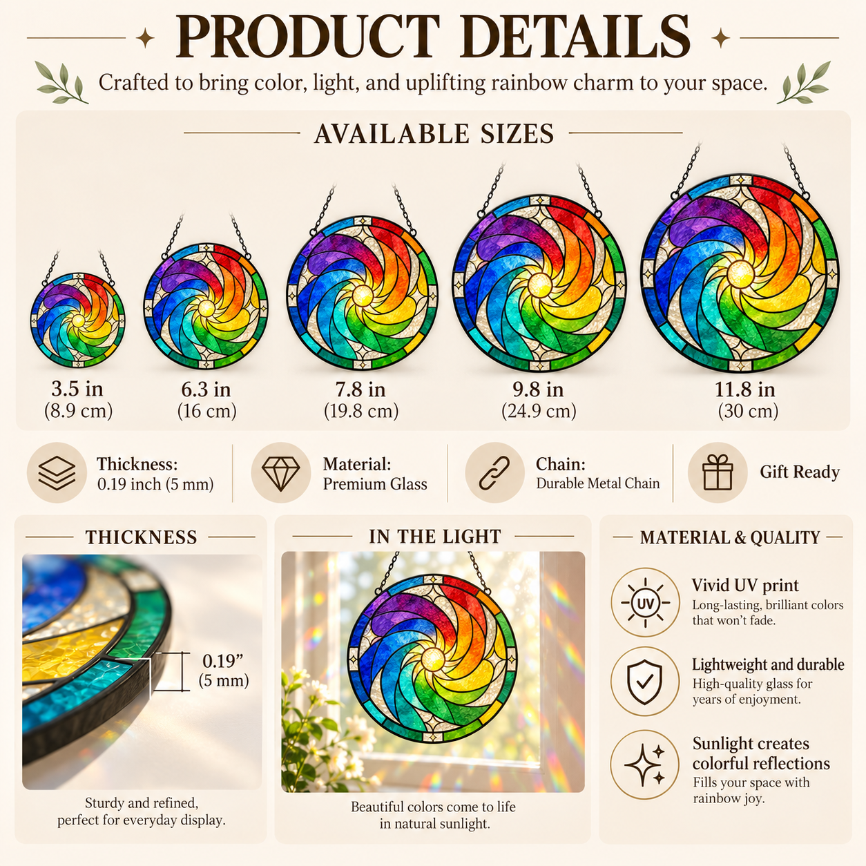 Rainbow Sun Spiral Glass Suncatcher, Colorful Window Hanging Home Decor