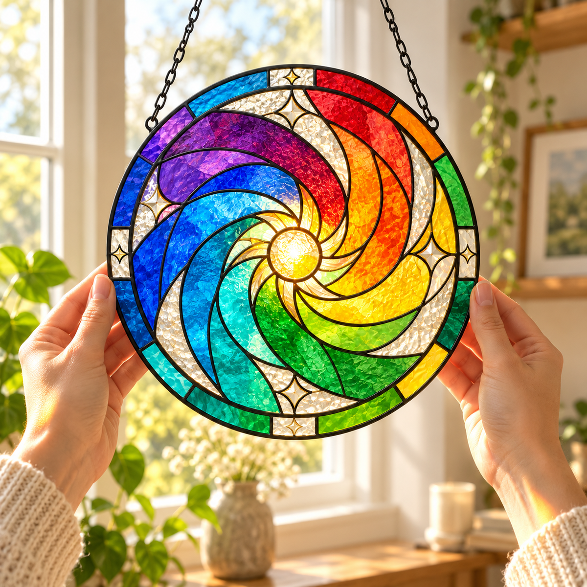 Rainbow Sun Spiral Glass Suncatcher, Colorful Window Hanging Home Decor