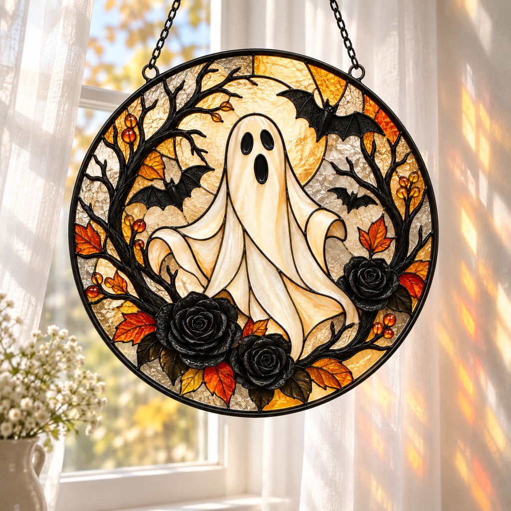 Halloween Ghost and Black Roses Glass Suncatcher, Bat and Autumn Leaves Window Hanging Decor