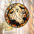 Halloween Ghost and Black Roses Glass Suncatcher, Bat and Autumn Leaves Window Hanging Decor