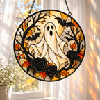 Halloween Ghost and Black Roses Glass Suncatcher, Bat and Autumn Leaves Window Hanging Decor