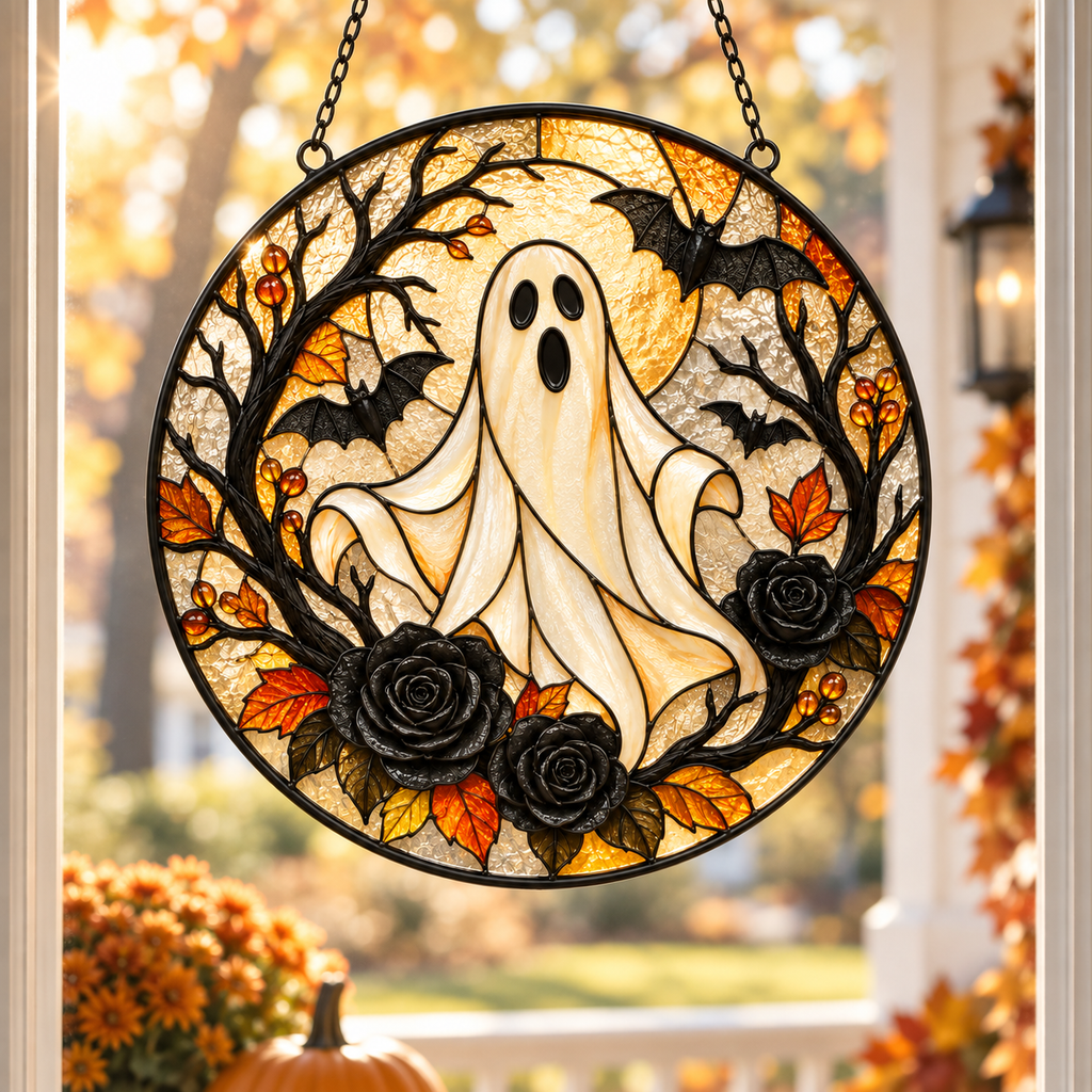 Halloween Ghost and Black Roses Glass Suncatcher, Bat and Autumn Leaves Window Hanging Decor