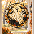 Halloween Ghost and Black Roses Glass Suncatcher, Bat and Autumn Leaves Window Hanging Decor