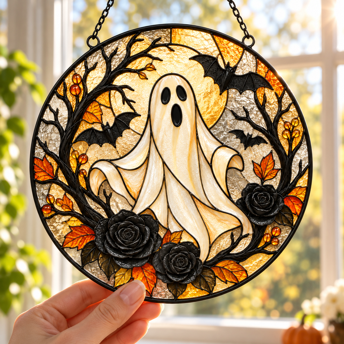 Halloween Ghost and Black Roses Glass Suncatcher, Bat and Autumn Leaves Window Hanging Decor