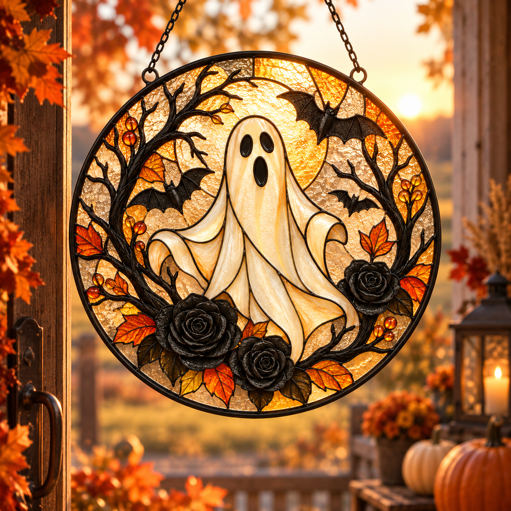 Halloween Ghost and Black Roses Glass Suncatcher, Bat and Autumn Leaves Window Hanging Decor