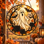 Halloween Ghost and Black Roses Glass Suncatcher, Bat and Autumn Leaves Window Hanging Decor