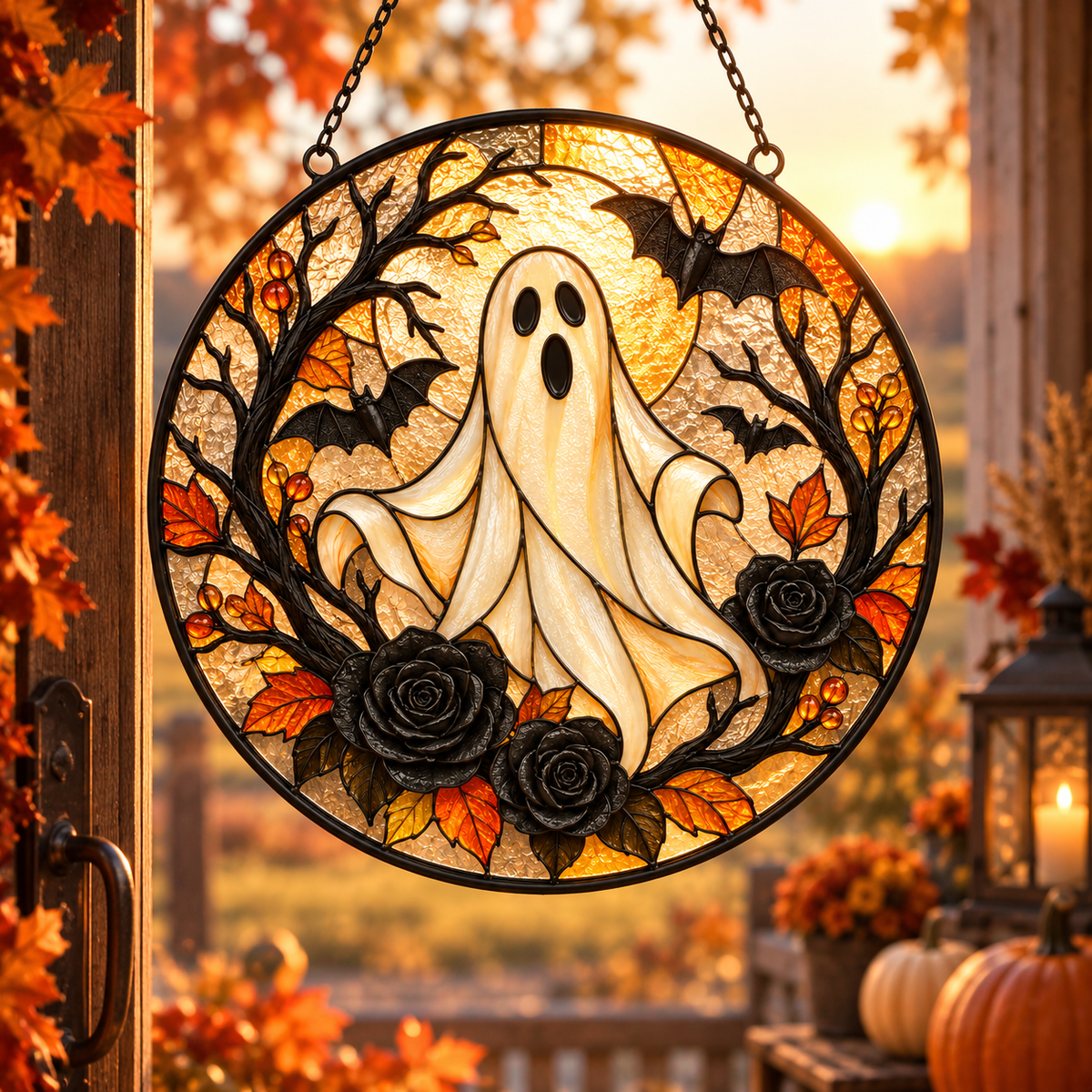 Halloween Ghost and Black Roses Glass Suncatcher, Bat and Autumn Leaves Window Hanging Decor