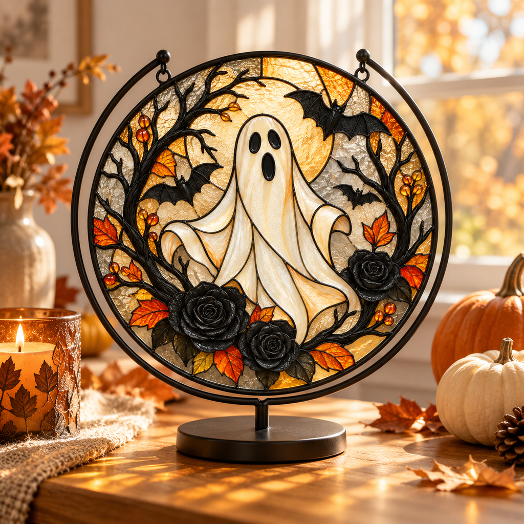 Halloween Ghost and Black Roses Glass Suncatcher, Bat and Autumn Leaves Window Hanging Decor