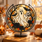 Halloween Ghost and Black Roses Glass Suncatcher, Bat and Autumn Leaves Window Hanging Decor