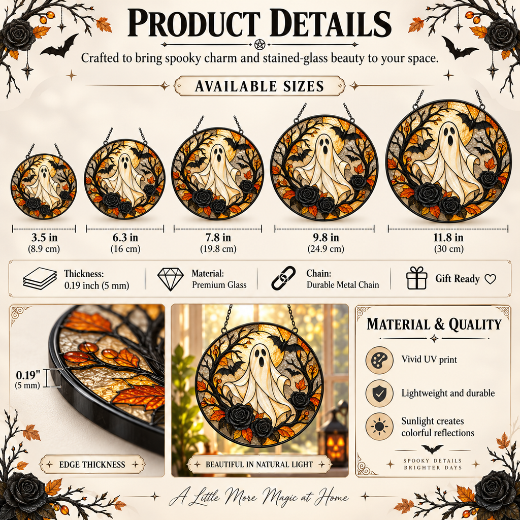 Halloween Ghost and Black Roses Glass Suncatcher, Bat and Autumn Leaves Window Hanging Decor