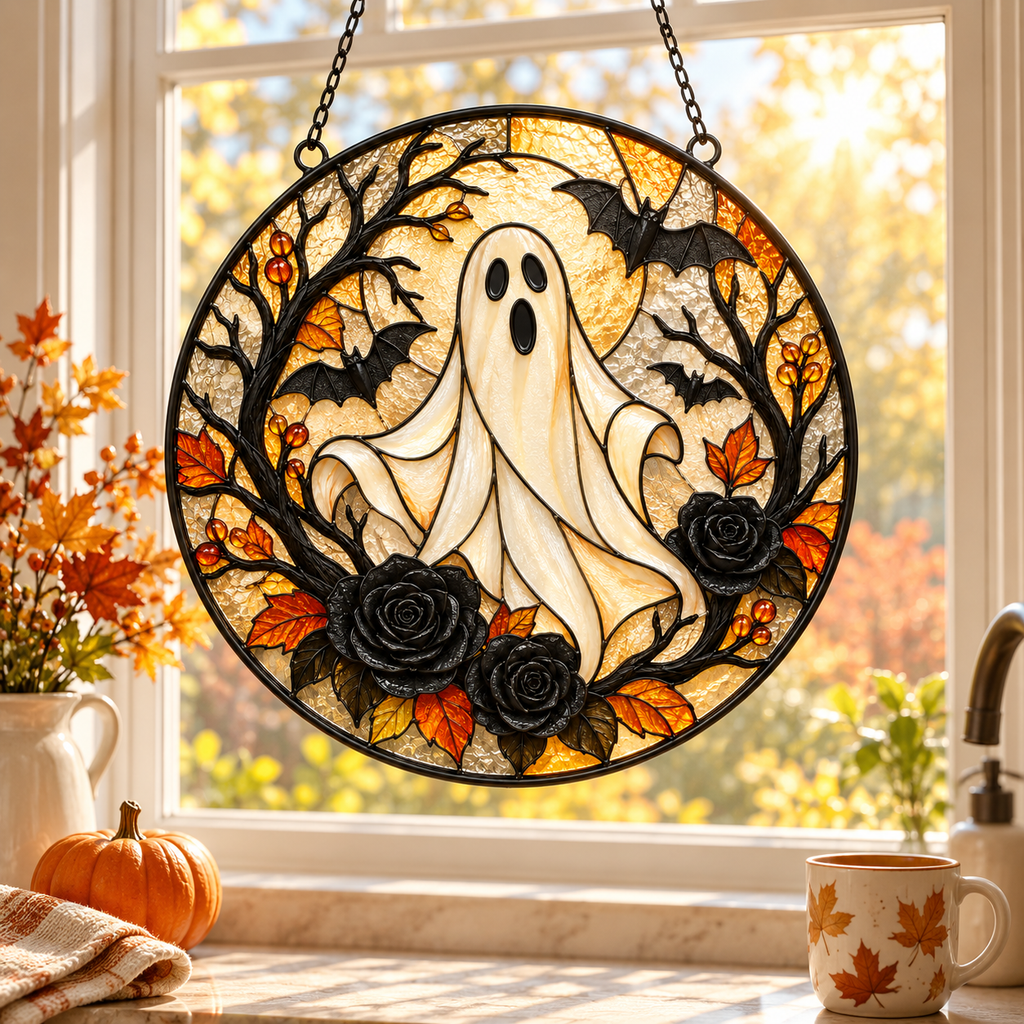 Halloween Ghost and Black Roses Glass Suncatcher, Bat and Autumn Leaves Window Hanging Decor