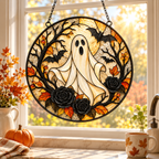 Halloween Ghost and Black Roses Glass Suncatcher, Bat and Autumn Leaves Window Hanging Decor