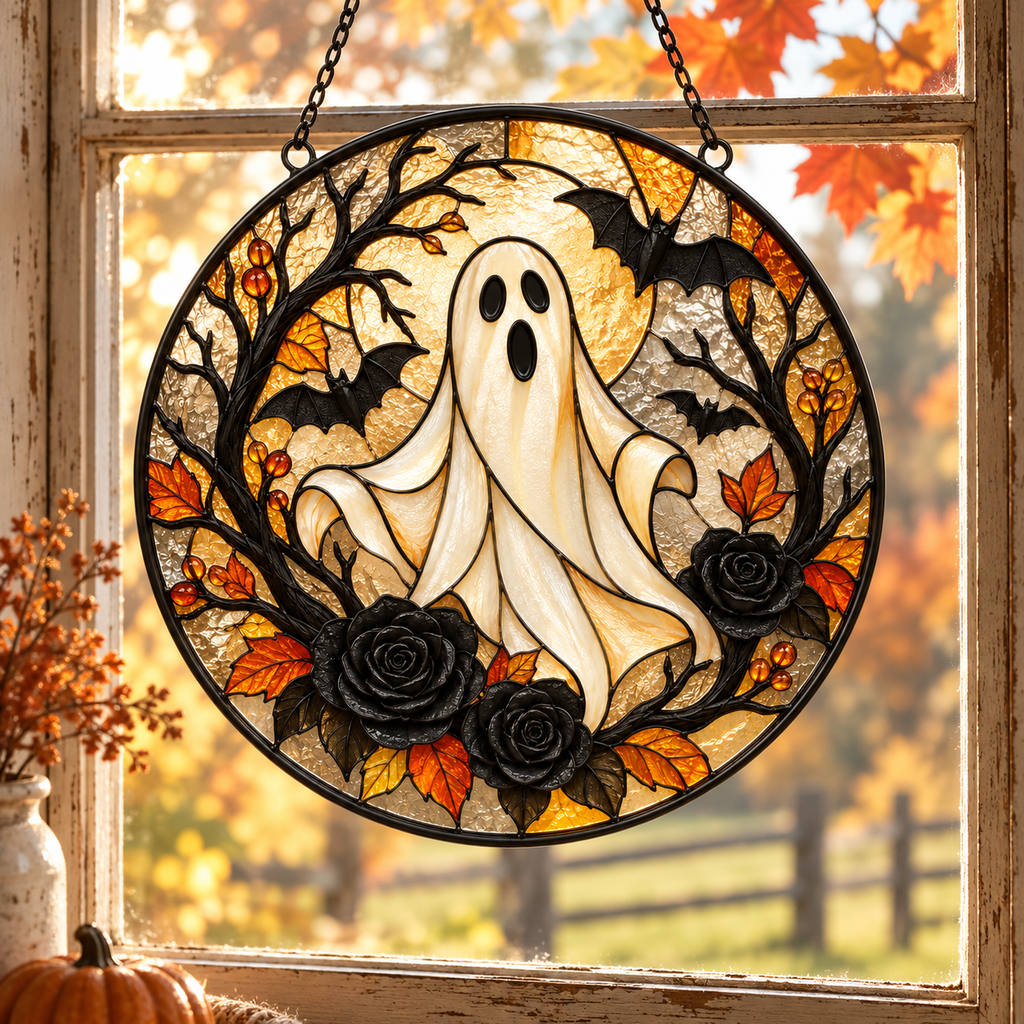 Halloween Ghost and Black Roses Glass Suncatcher, Bat and Autumn Leaves Window Hanging Decor