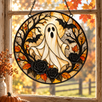 Halloween Ghost and Black Roses Glass Suncatcher, Bat and Autumn Leaves Window Hanging Decor
