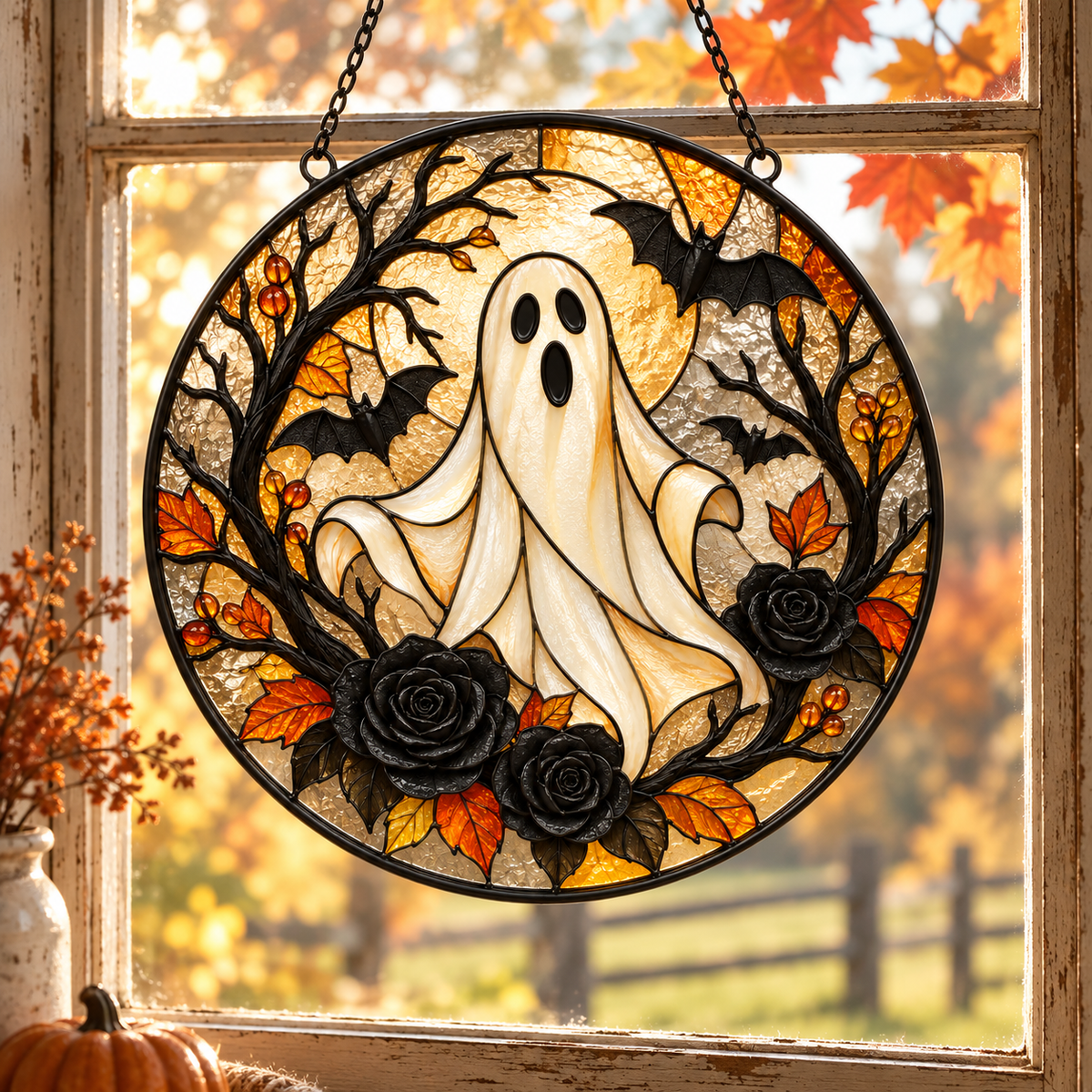 Halloween Ghost and Black Roses Glass Suncatcher, Bat and Autumn Leaves Window Hanging Decor