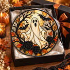 Halloween Ghost and Black Roses Glass Suncatcher, Bat and Autumn Leaves Window Hanging Decor