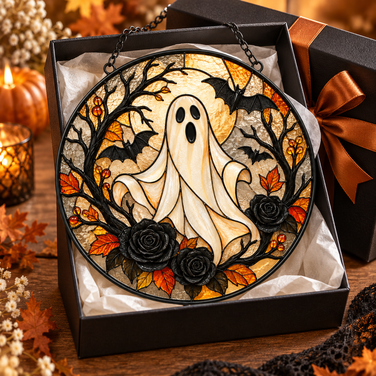 Halloween Ghost and Black Roses Glass Suncatcher, Bat and Autumn Leaves Window Hanging Decor