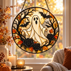 Halloween Ghost and Black Roses Glass Suncatcher, Bat and Autumn Leaves Window Hanging Decor