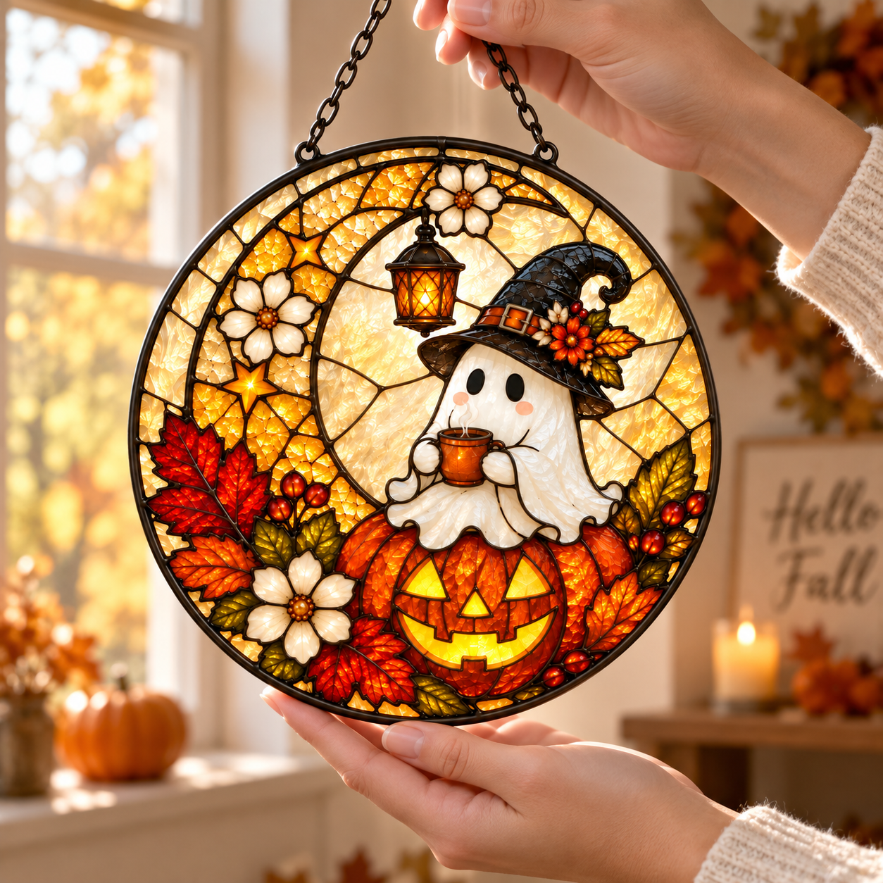 Halloween Ghost Witch and Pumpkin Glass Suncatcher, Autumn Leaves Window Hanging Decor