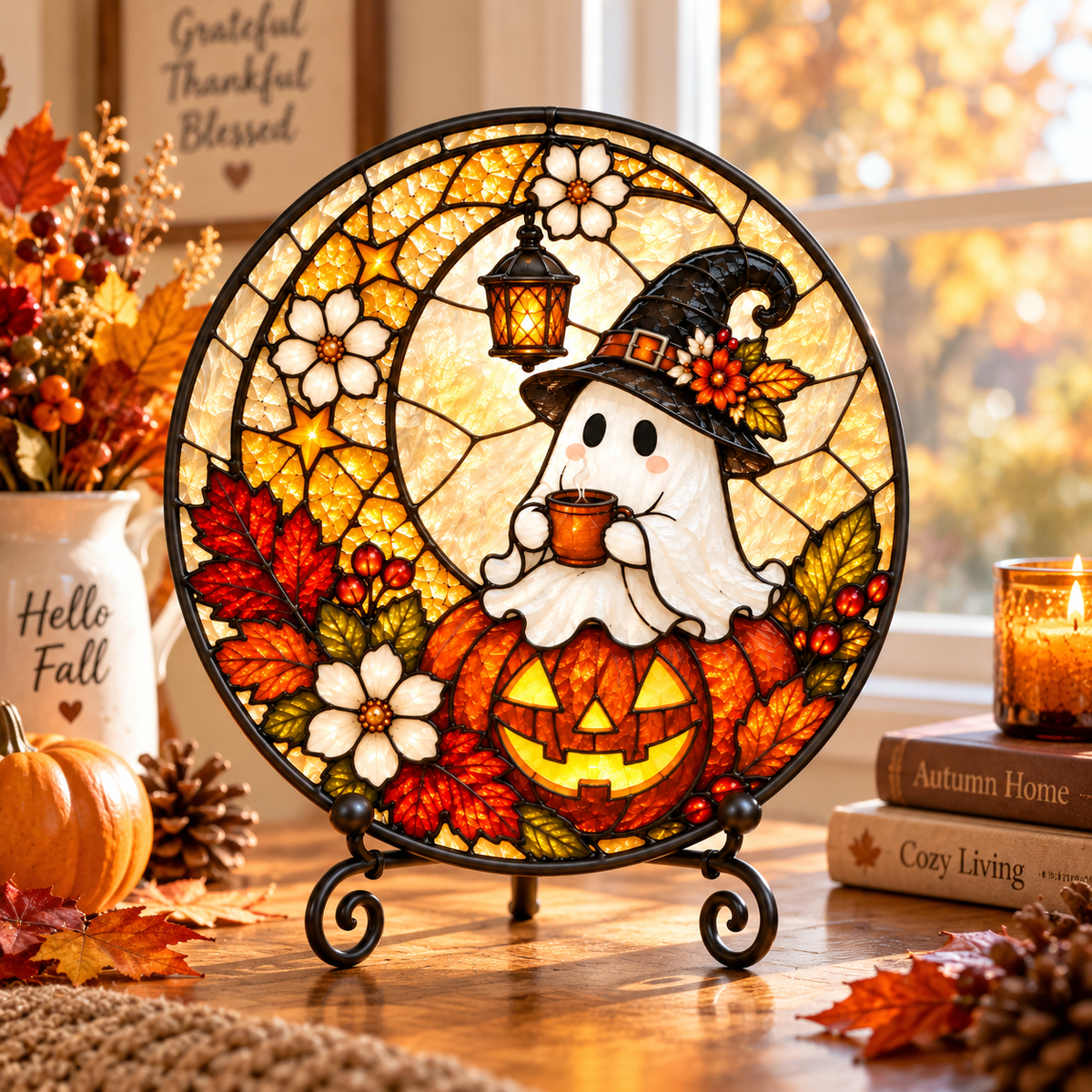 Halloween Ghost Witch and Pumpkin Glass Suncatcher, Autumn Leaves Window Hanging Decor