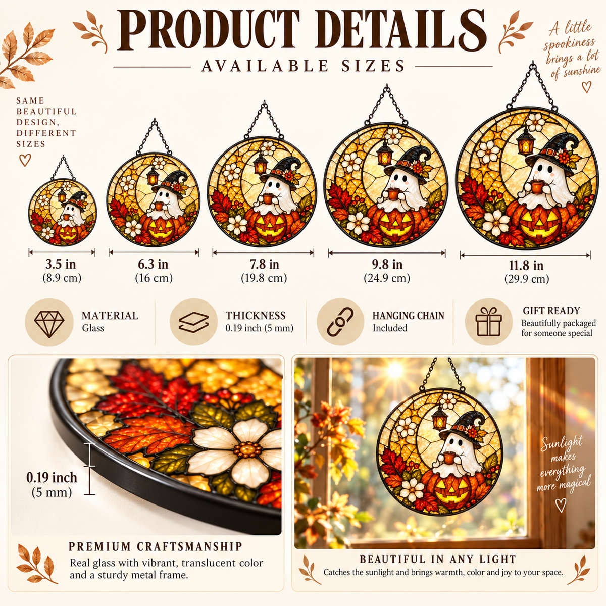 Halloween Ghost Witch and Pumpkin Glass Suncatcher, Autumn Leaves Window Hanging Decor