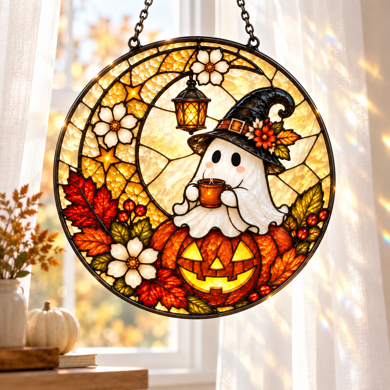 Halloween Ghost Witch and Pumpkin Glass Suncatcher, Autumn Leaves Window Hanging Decor